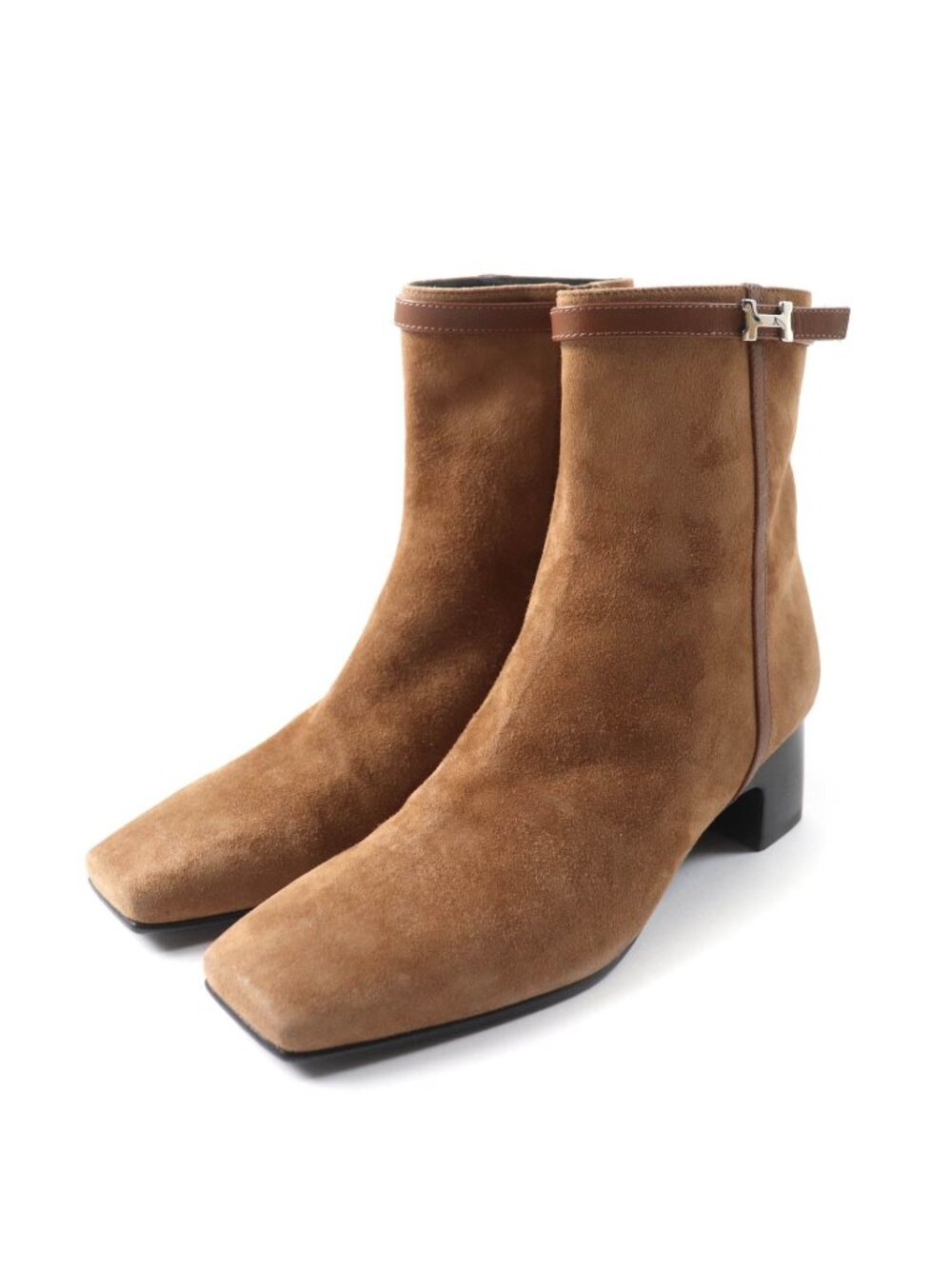 Hermes H with Leather Side Zip Square Toe Suede Short Boots Brown